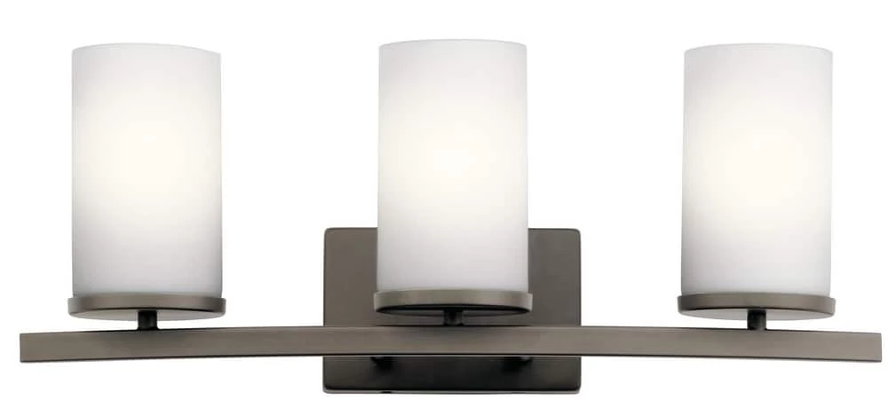 Discount 𧨠Kichler Lighting Crosby 30W 3-Light Bath Light with Satin Etched Cased Opal Glass in Olde Bronze π 3 Discount 𧨠Kichler Lighting Crosby 30W 3-Light Bath Light with Satin Etched Cased Opal Glass in Olde Bronze π