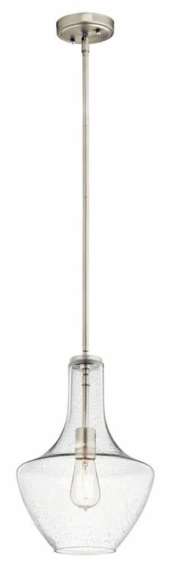 Best reviews of 🔔 Kichler Lighting Everly 10-1/2 in. 100W 1-Light Medium Base Incandescent Pendant with Clear Seedy Glass in Brushed Nickel 🧨
