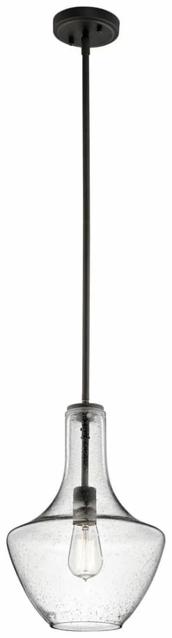 Promo 👏 Kichler Lighting Everly 10-1/2 in. 100W 1-Light Medium Base Incandescent Pendant with Clear Seedy Glass in Olde Bronze 😍