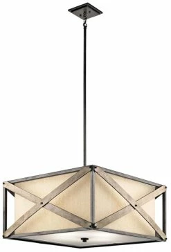 Outlet 🥰 Kichler Lighting Cahoon 4-Light Pendant with Beige Linen and Etched Tempered Glass in Anvil Iron 🎁
